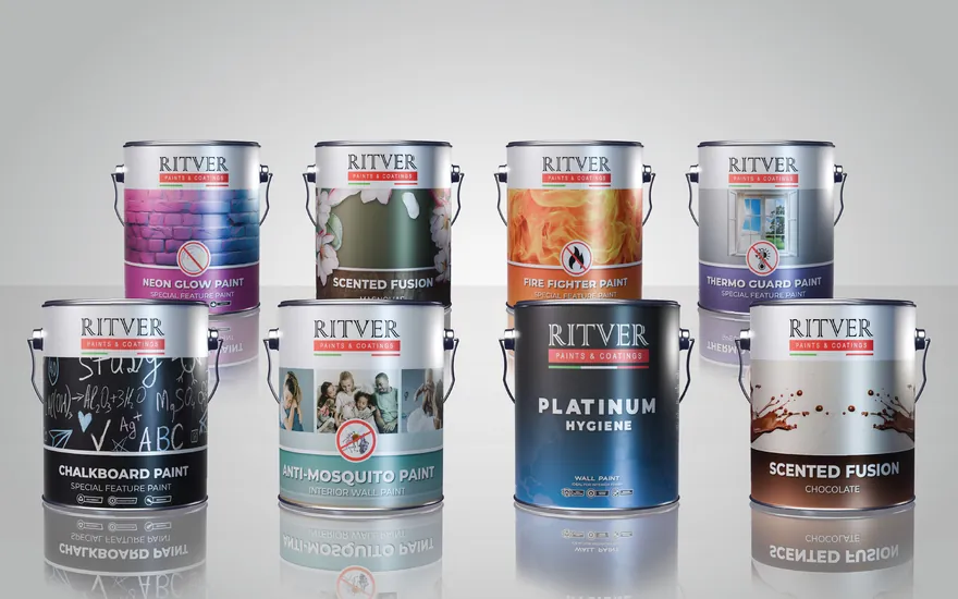 Range of Ritver specialty paint tins including Platinum Hygiene and Scented Fusion